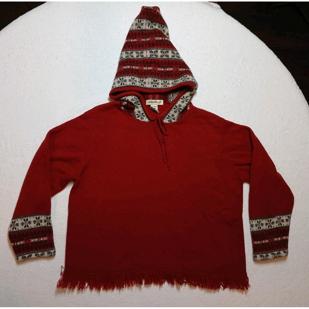Vtg Eddie Bauer 100% Lambswool Hooded Sweater L Red Fair Isle Fringe Nordic